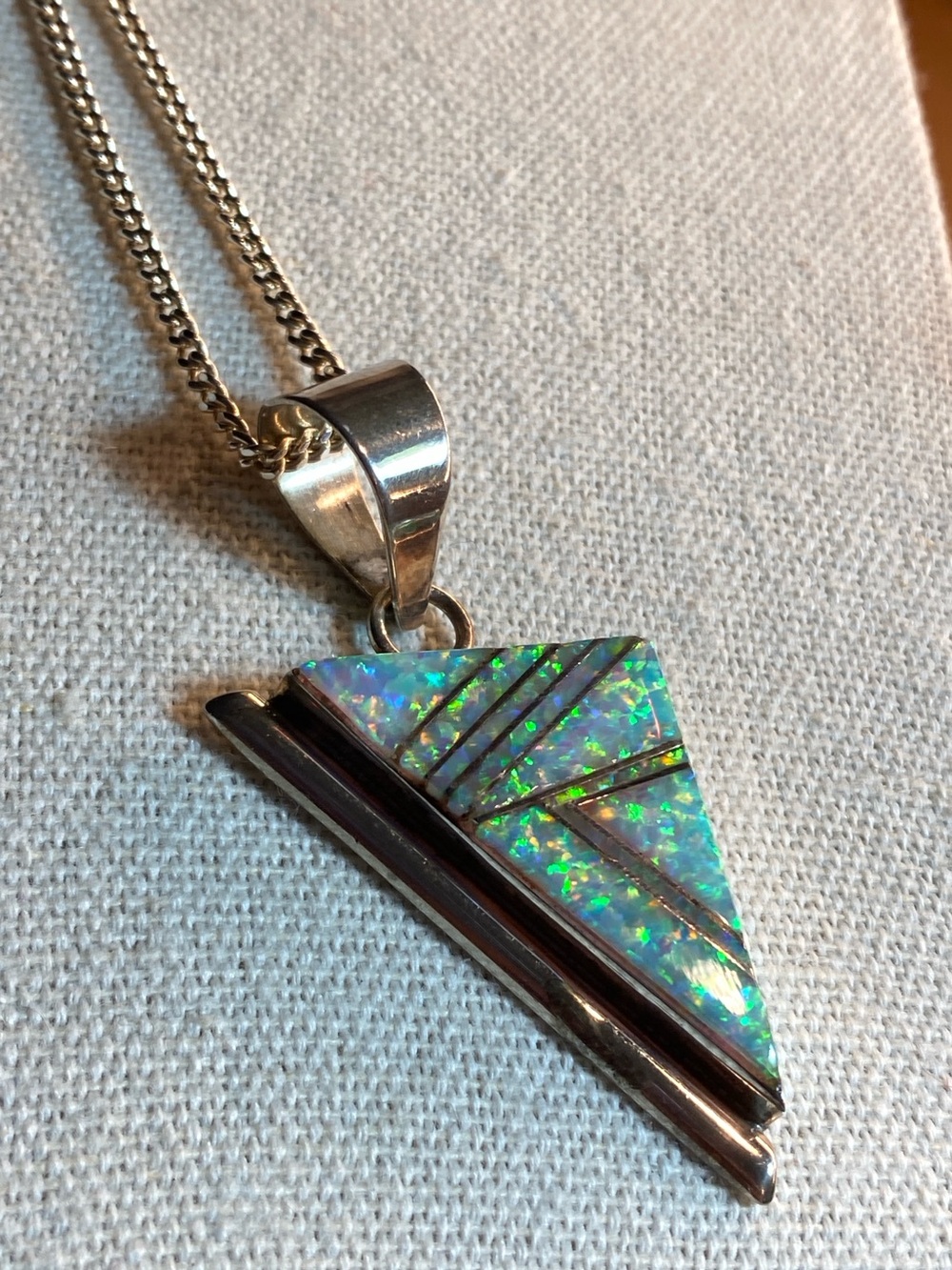 Authentic Signed Native American  Vintage Sterling Opal Inlay Pendant Necklace